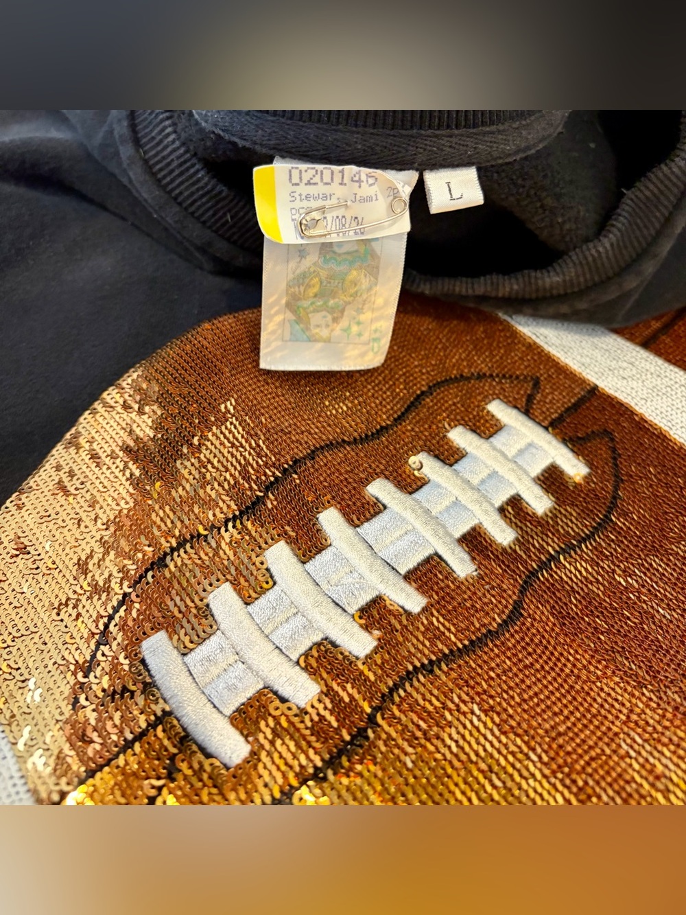EUC! QUEEN OF SPARKLES Black Crewneck Sweatshirt w/Sequin Gold Football Graphic - Picture 6 of 7